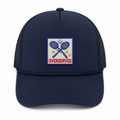 Funny tennis trucker hat with an "Overserved" embroidered patch for tennis players and fans.