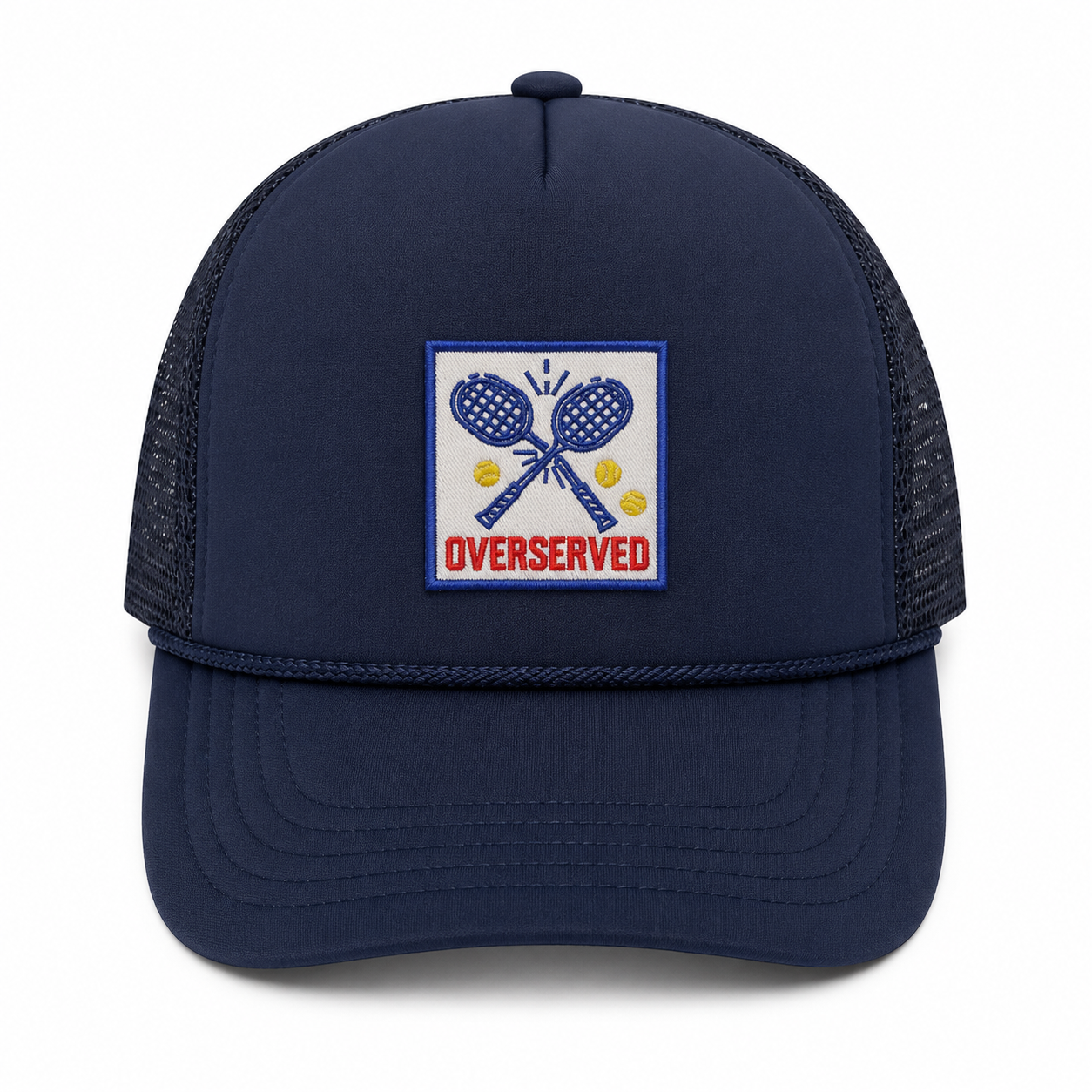 Funny tennis trucker hat with an "Overserved" embroidered patch for tennis players and fans.