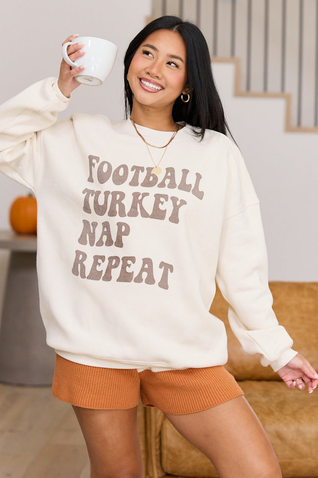 Football Turkey Nap Repeat Cream Oversized Graphic Sweatshirt