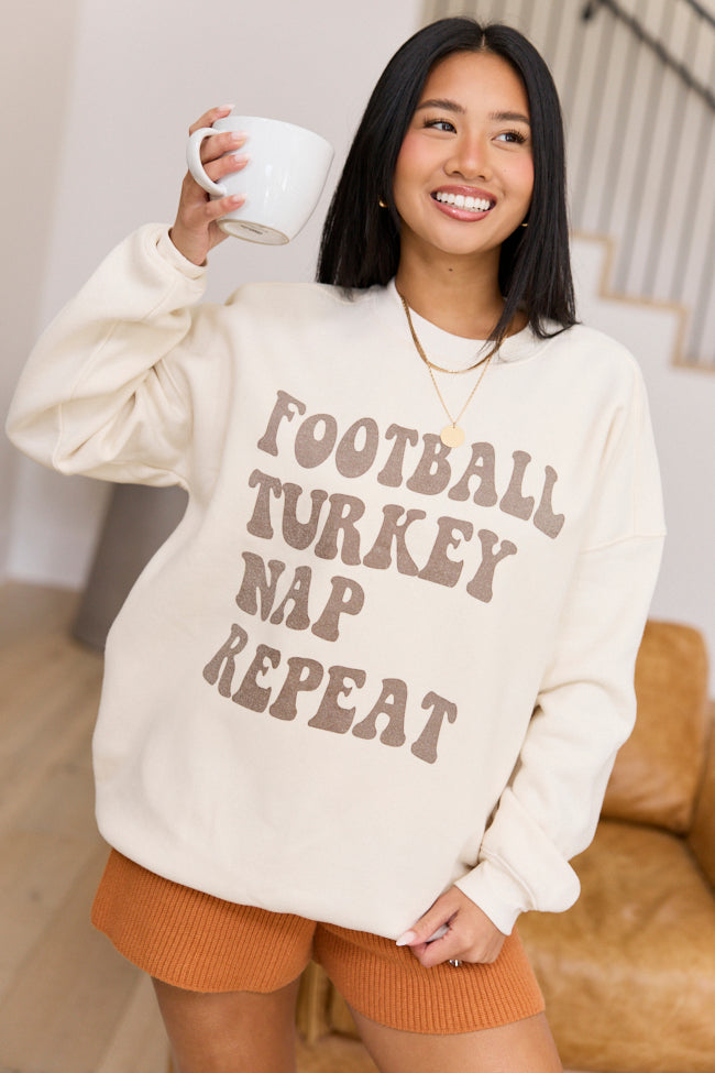 Football Turkey Nap Repeat Cream Oversized Graphic Sweatshirt