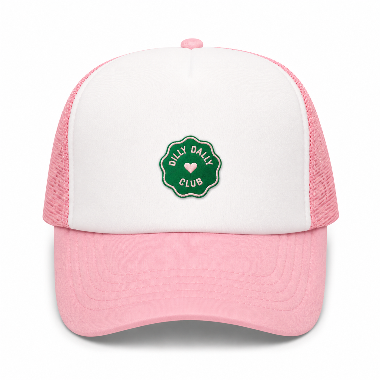 Funny pickle-themed trucker hat with a "The Dilly Dally" embroidered patch for pickle lovers and playful style.