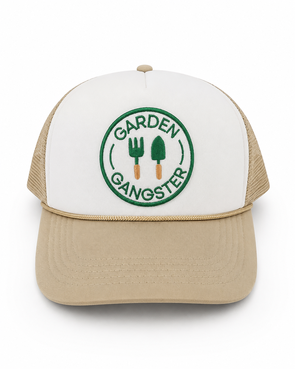 Funny "Garden Gangster" trucker hat with an embroidered patch for gardeners and plant lovers.