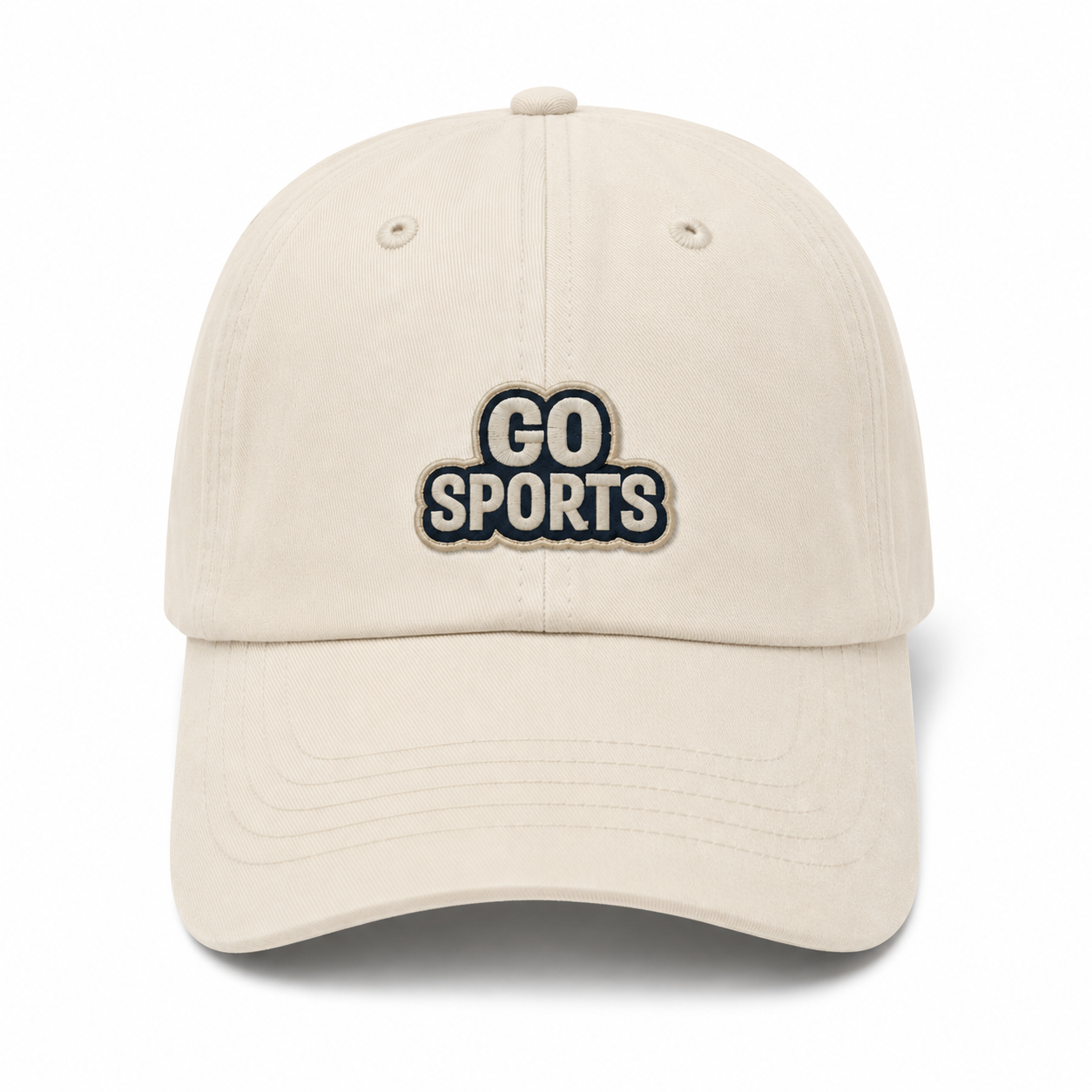 Funny "Go Sports!" trucker hat with embroidered patch for game days, sports fans, and tailgates.