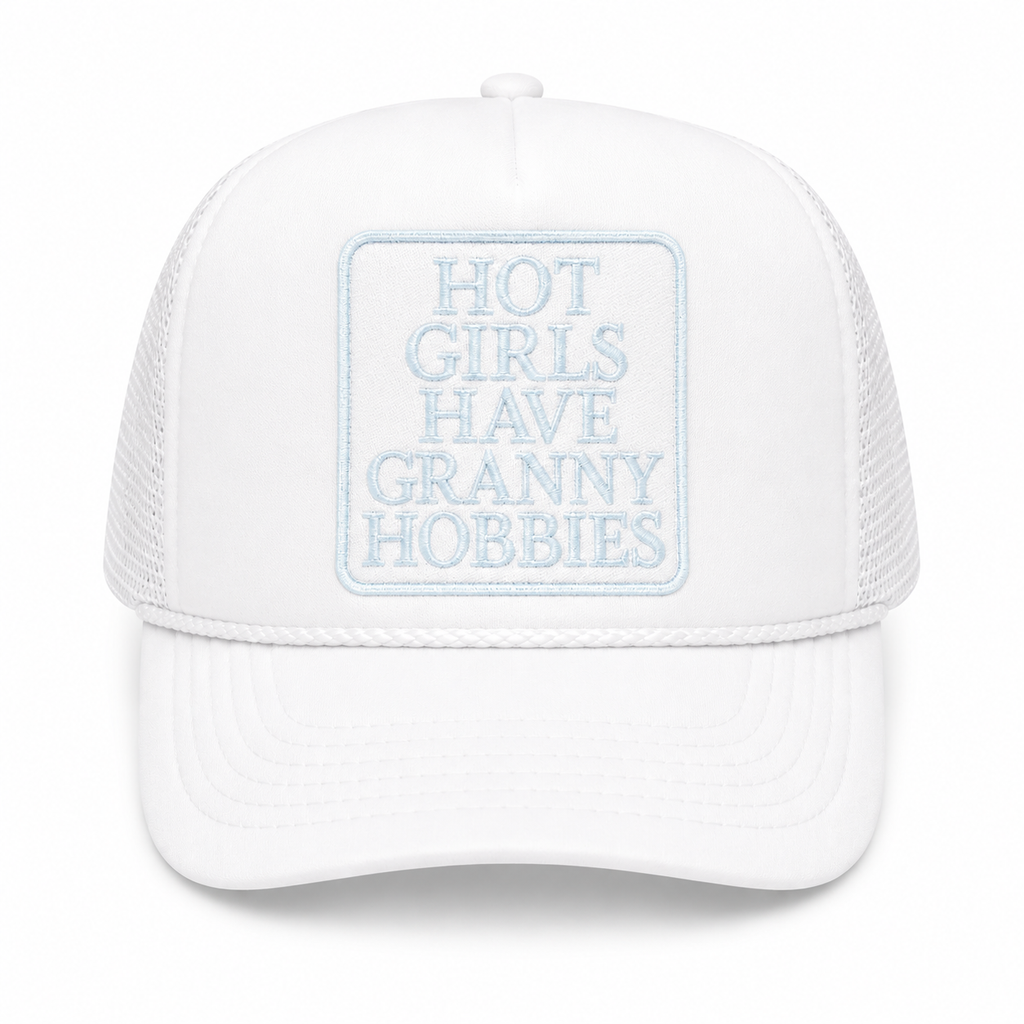 Funny trucker hat featuring a "Granny Hobbies" embroidered patch for knitters, crafters, and hobby lovers.