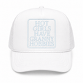 Funny trucker hat featuring a "Granny Hobbies" embroidered patch for knitters, crafters, and hobby lovers.