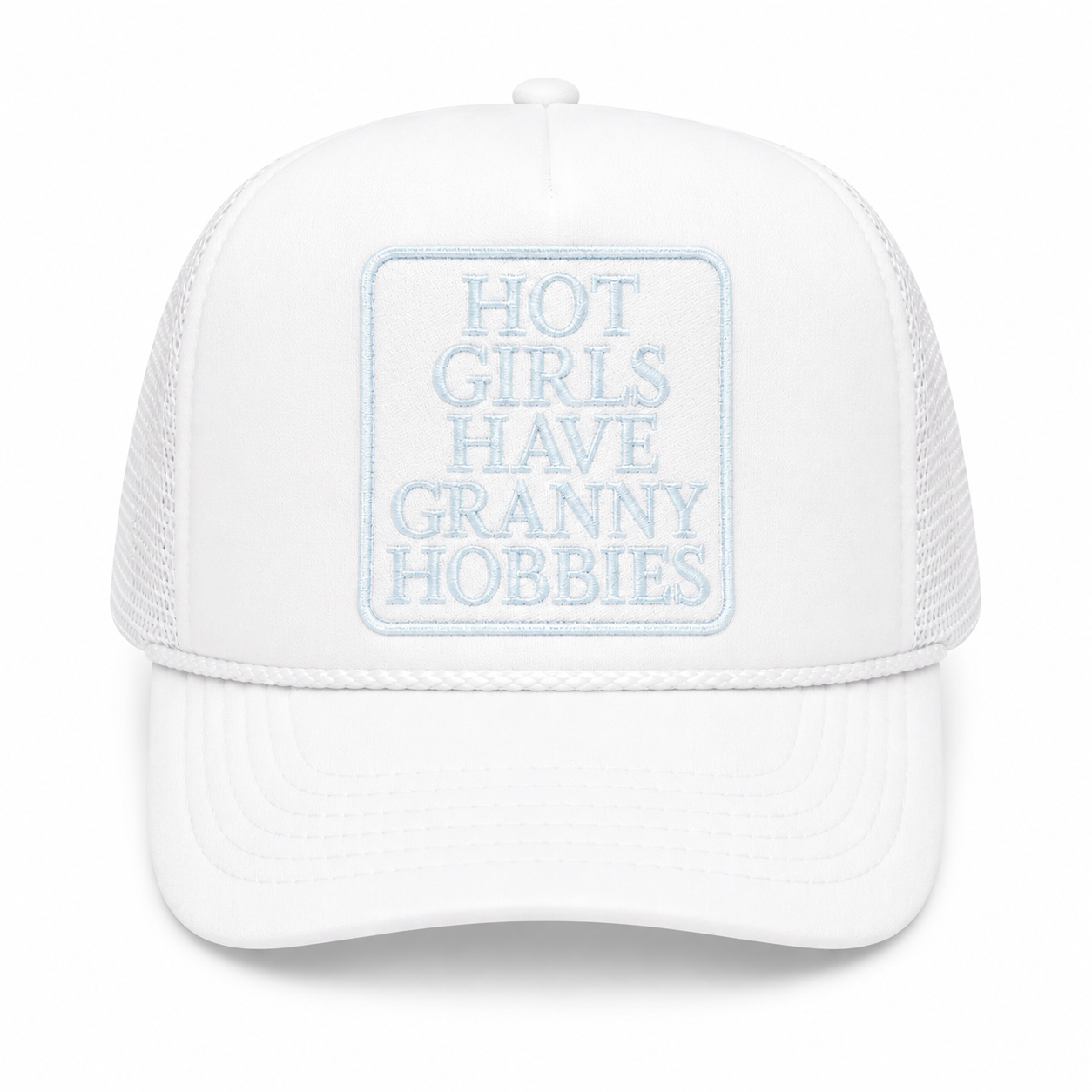 Funny trucker hat featuring a "Granny Hobbies" embroidered patch for knitters, crafters, and hobby lovers.