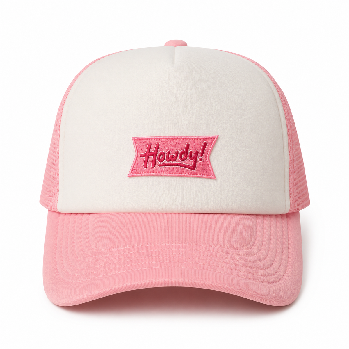 Pink trucker hat with a "Howdy" embroidered patch for western style and everyday wear.