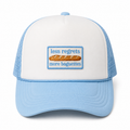 Funny foodie trucker hat with a "Less Regrets More Baguettes" embroidered patch for travel lovers and food enthusiasts.