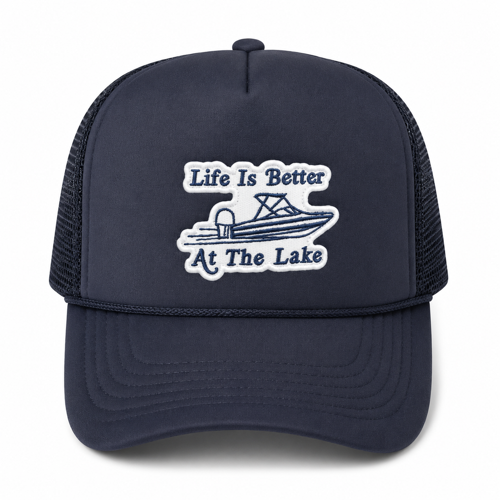 Lake-themed trucker hat with embroidered "Life is Better on the Lake" patch for boating and summer weekends.