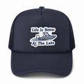 Lake-themed trucker hat with embroidered "Life is Better on the Lake" patch for boating and summer weekends.