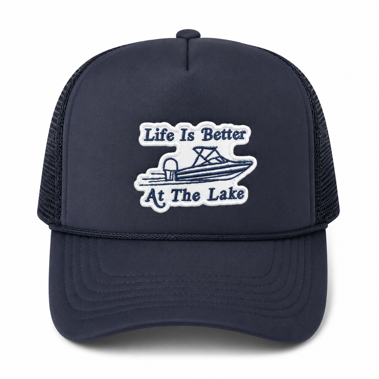 Lake-themed trucker hat with embroidered "Life is Better on the Lake" patch for boating and summer weekends.