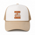 Funny foodie trucker hat with a "More Cheese!" embroidered patch for cheese lovers and food enthusiasts.