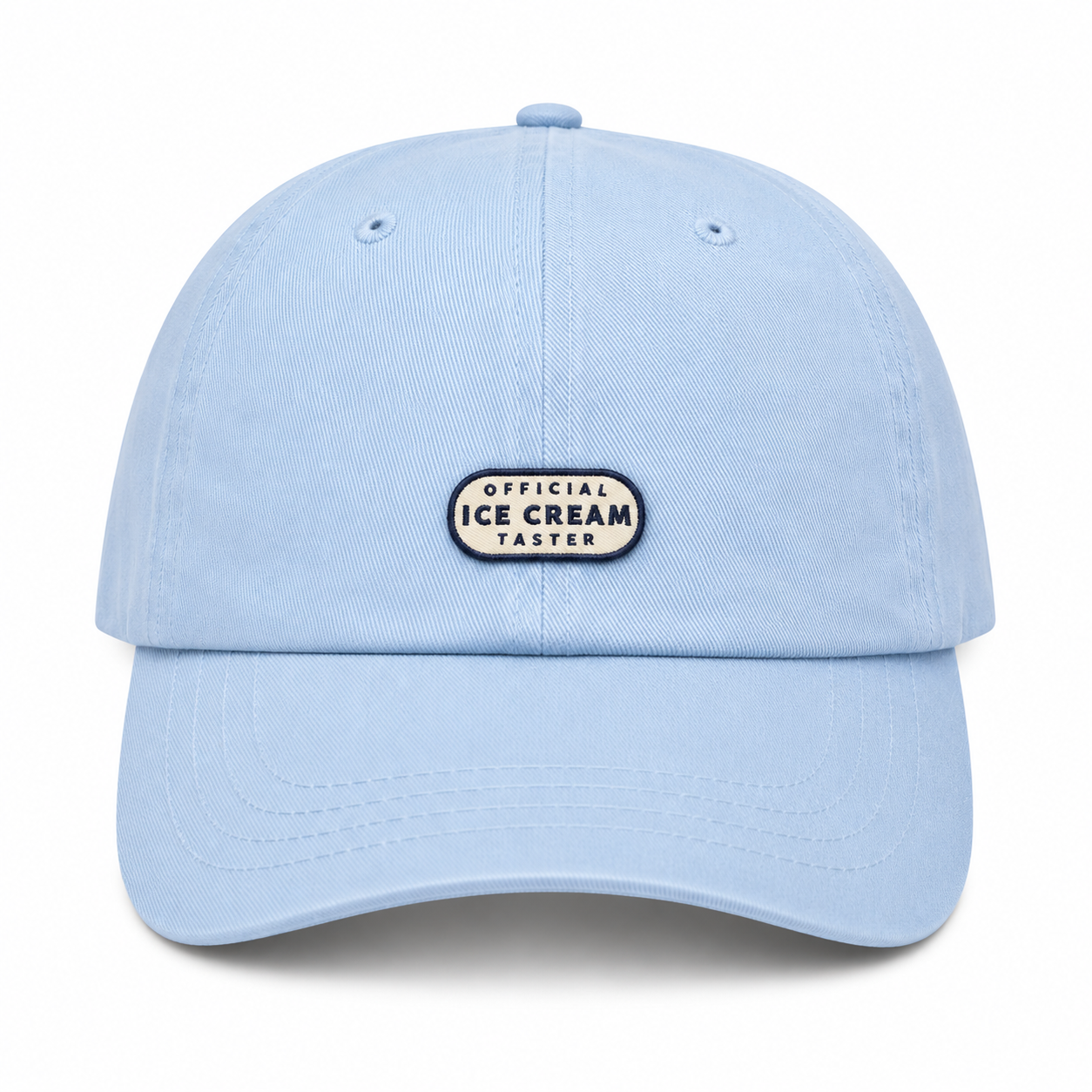 Fun trucker hat with an "Official Ice Cream Taster" embroidered patch for dessert lovers.