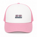Celebration trucker hat with a "Sip Sip Hooray" embroidered patch for parties, girls trips, and happy hour.