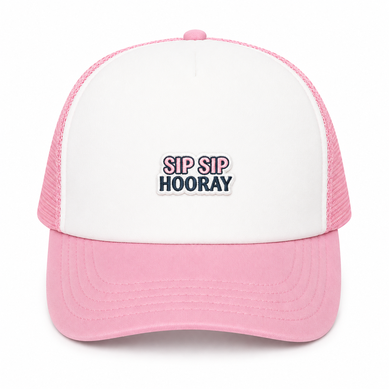 Celebration trucker hat with a "Sip Sip Hooray" embroidered patch for parties, girls trips, and happy hour.