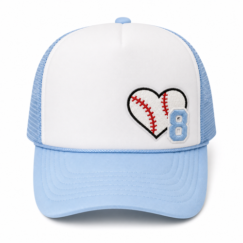 Trucker hat with a sports heart and custom jersey number patch for athletes, coaches, and sports fans.