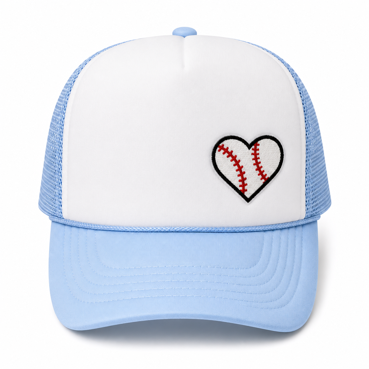 Trucker hat with a sports heart embroidered patch for athletes, coaches, and sports fans.