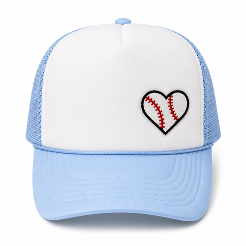 Trucker hat with a sports heart embroidered patch for athletes, coaches, and sports fans.
