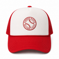 Baseball-inspired trucker hat with a "Summer Nights Ballpark Lights" embroidered patch for baseball season and game days.