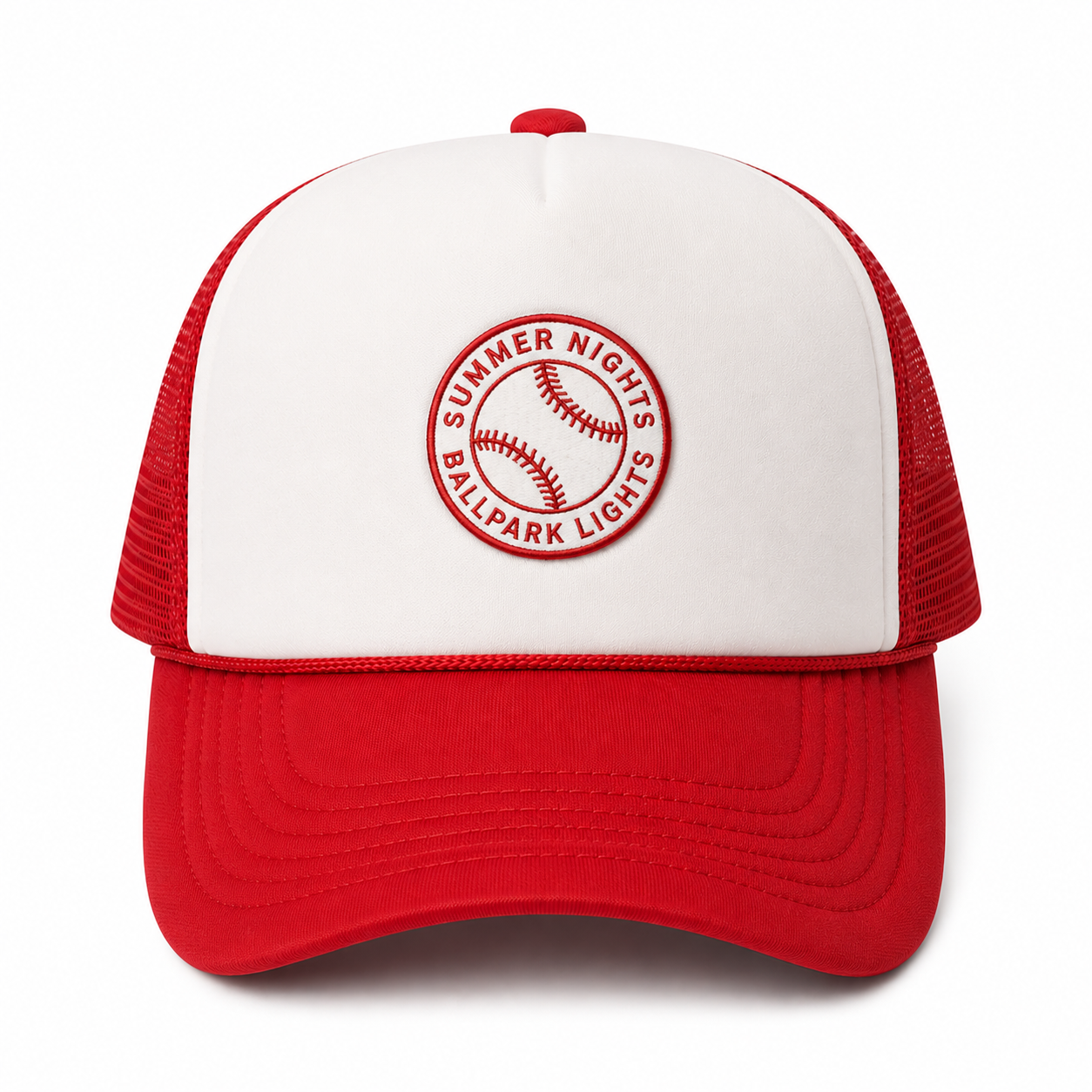 Baseball-inspired trucker hat with a "Summer Nights Ballpark Lights" embroidered patch for baseball season and game days.