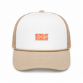 Trucker hat with a "Sunday Funday" embroidered patch for lake days, brunch, boat weekends, and summer fun.