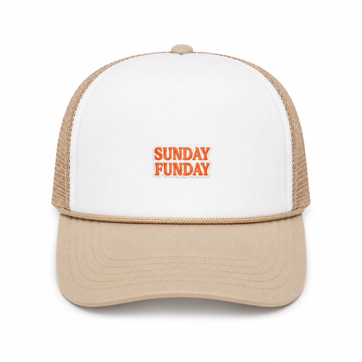 Trucker hat with a "Sunday Funday" embroidered patch for lake days, brunch, boat weekends, and summer fun.